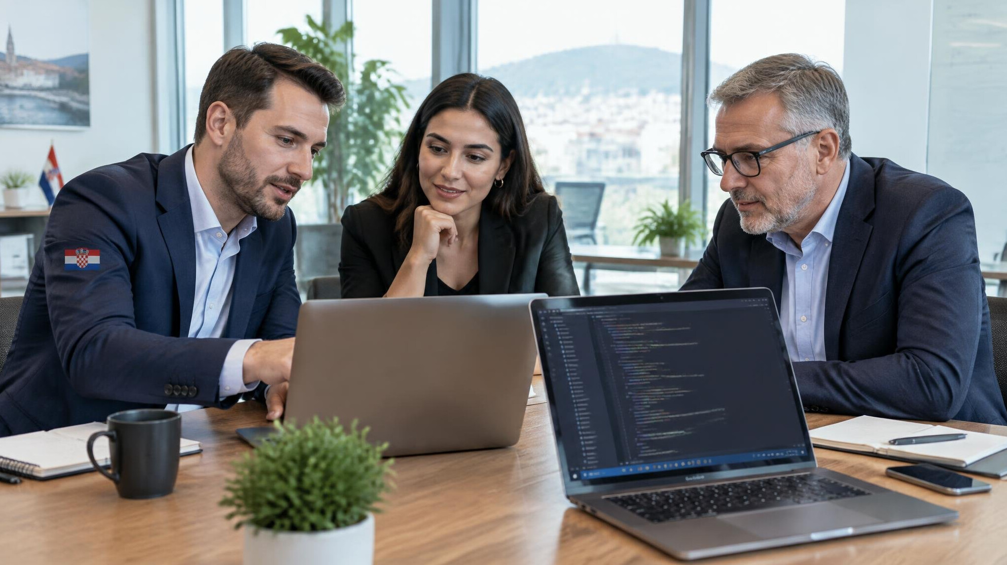Team of corporate developers reviewing code on laptops in a modern office