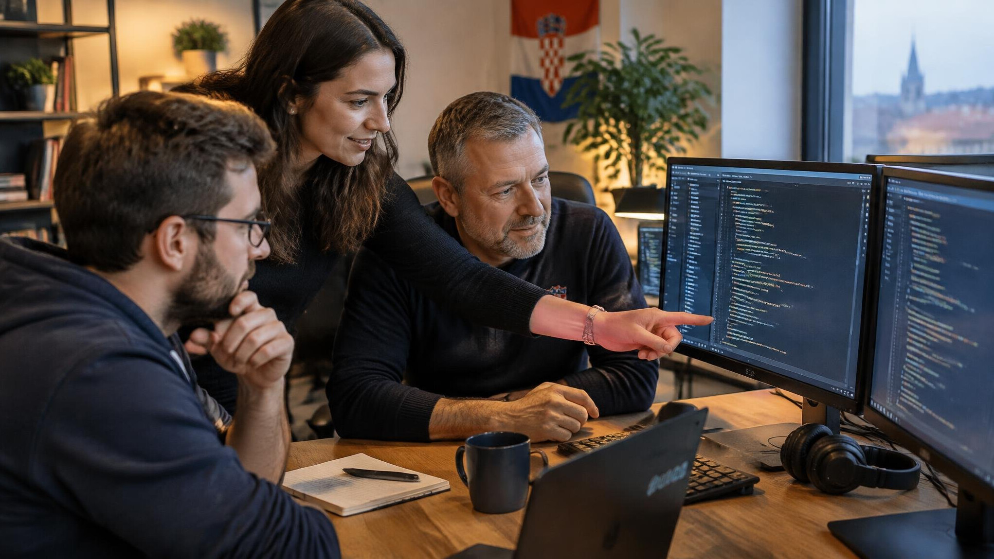 Software developers collaborating around a desk with multiple monitors